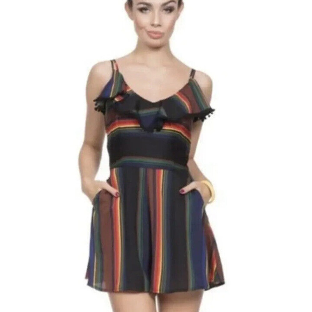 Voodoo Vixen Medium Romper Sleeveless Shorts Black Stripe Pom Pom Ruffle